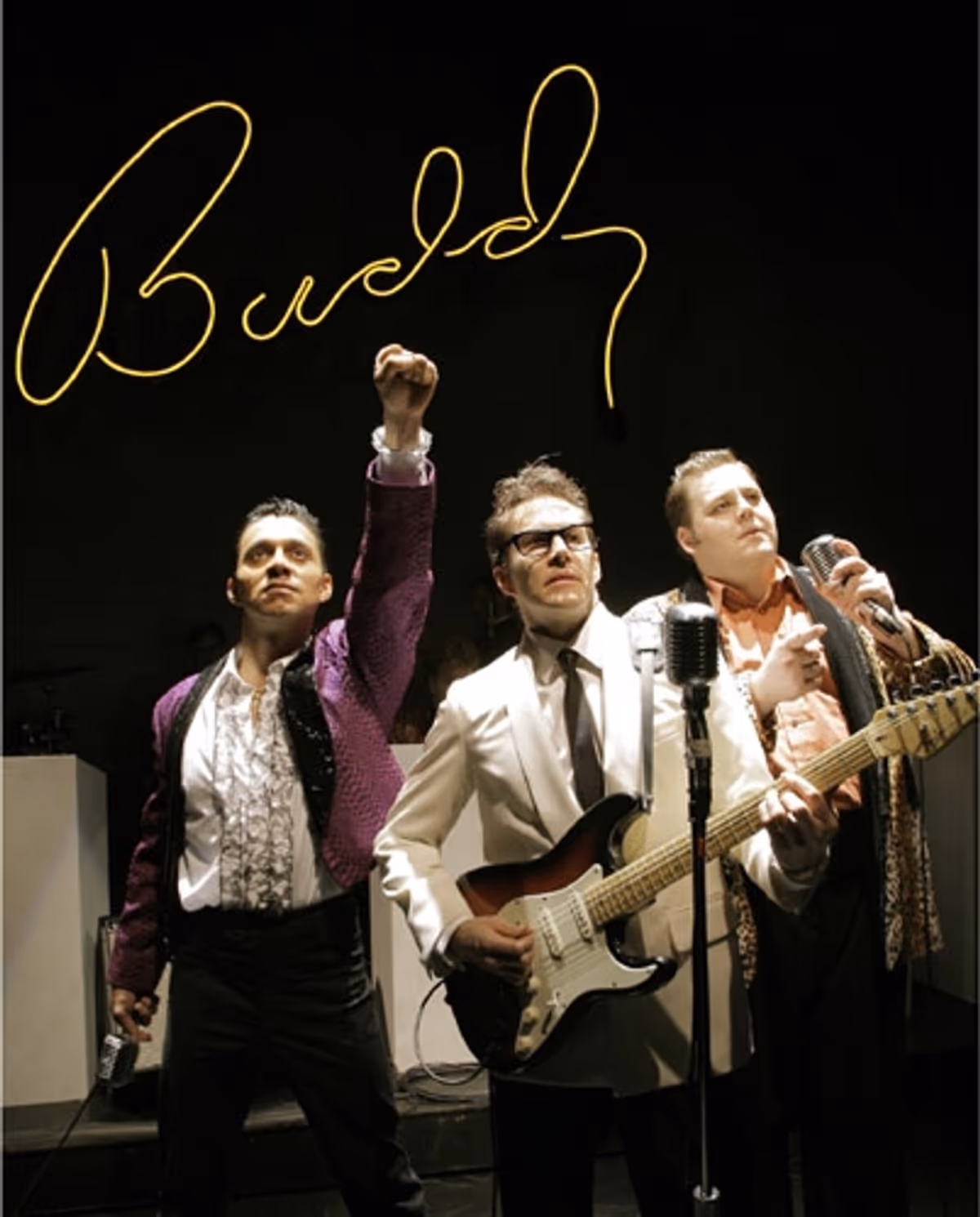 l-r: Miguel Romero (Ritchie Valens), Pat McRoberts (Buddy Holly), Ryan Dunkin (The Big Bopper) at 'The Buddy Holly Story' at WBT