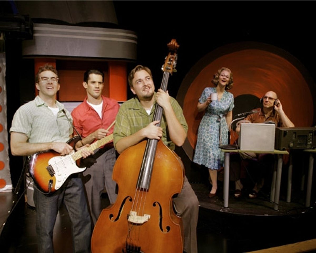 l-r: Pat McRoberts (Buddy Holly) John Rochette and Eric Scott Anthony (the Crickets) with Angela Howell (Vi Petty) and John Schiappa (Norman Petty) at 'The Buddy Holly Story' at WBT