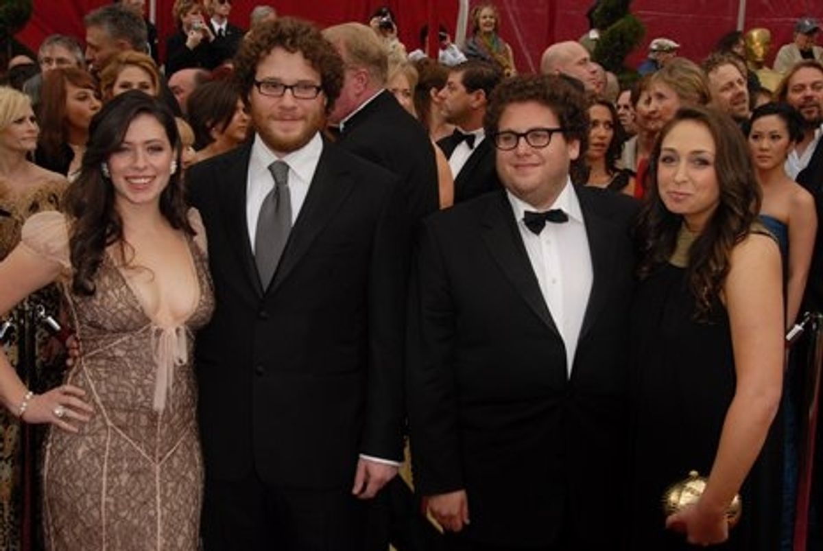 Seth Rogan (second from left, Jonah Hill (second from right) and guests at 