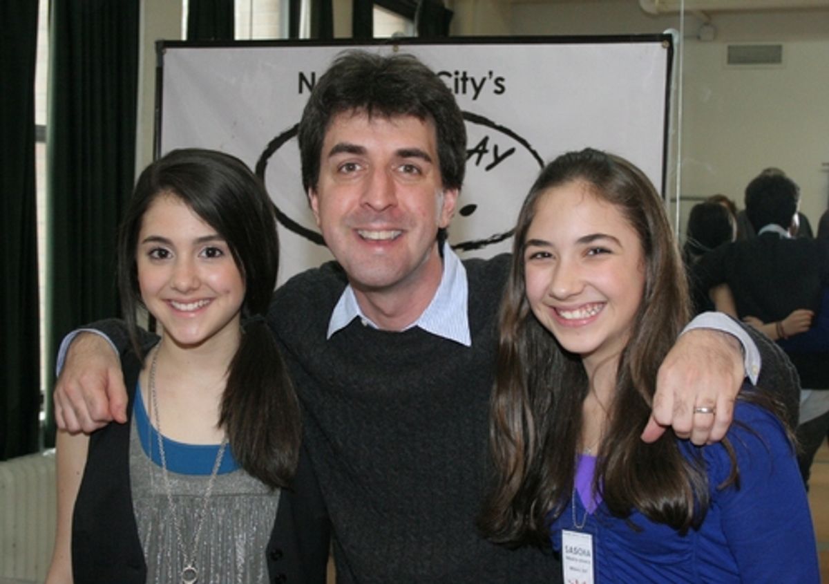 Jason Robert Brown with Ariana Grande (14) and Sascha Peralta-Ramos (12), who performed in the most recent NYC workshop of Brown's new musical, 13 at Jason Robert Brown Teaches BAA Master Class