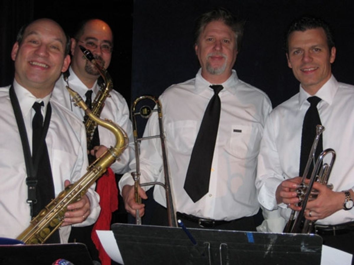 l-r: Jack Bashkow (sax), Matt Hong (sax), Larry Farrell (trombone) and David Spier (trumpet)
 at 
