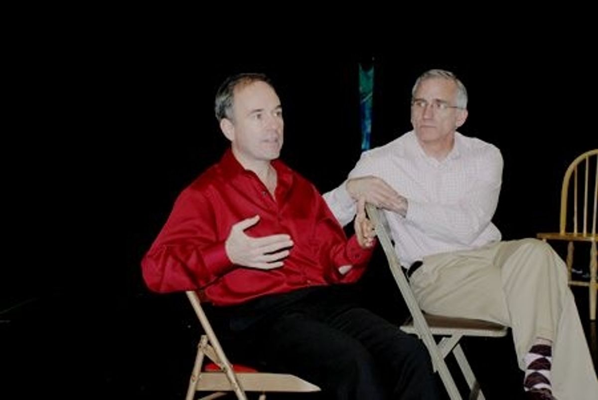 
Stephen Flaherty (left) takes questions from the students following the session, opposite Mark S. Hoebee (Artistic Director) at 