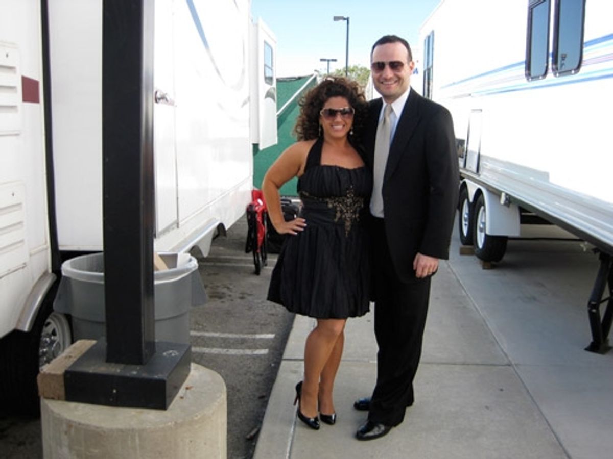 Marissa Jaret Winokur and husband, Judah Miller outside her trailer at 