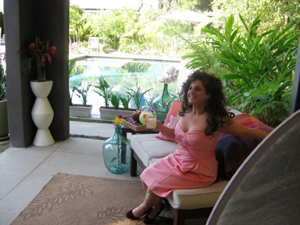 Marissa Jaret Winokur: 'This is my favorite room -  it's a cabana.
But no, I don't usually have lemonade and flowers just sitting out -
but it looks pretty eh? (also I would never wear this fancy dress outside.
 ...normally just my undies and flip flop at 