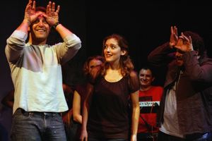 Charlie Pollock (as Brian d'Arcy James) with Sandy Rustin and Jordan Gelber Photo