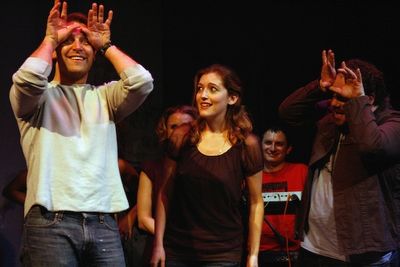 Charlie Pollock (as Brian d'Arcy James) with Sandy Rustin and Jordan Gelber Photo