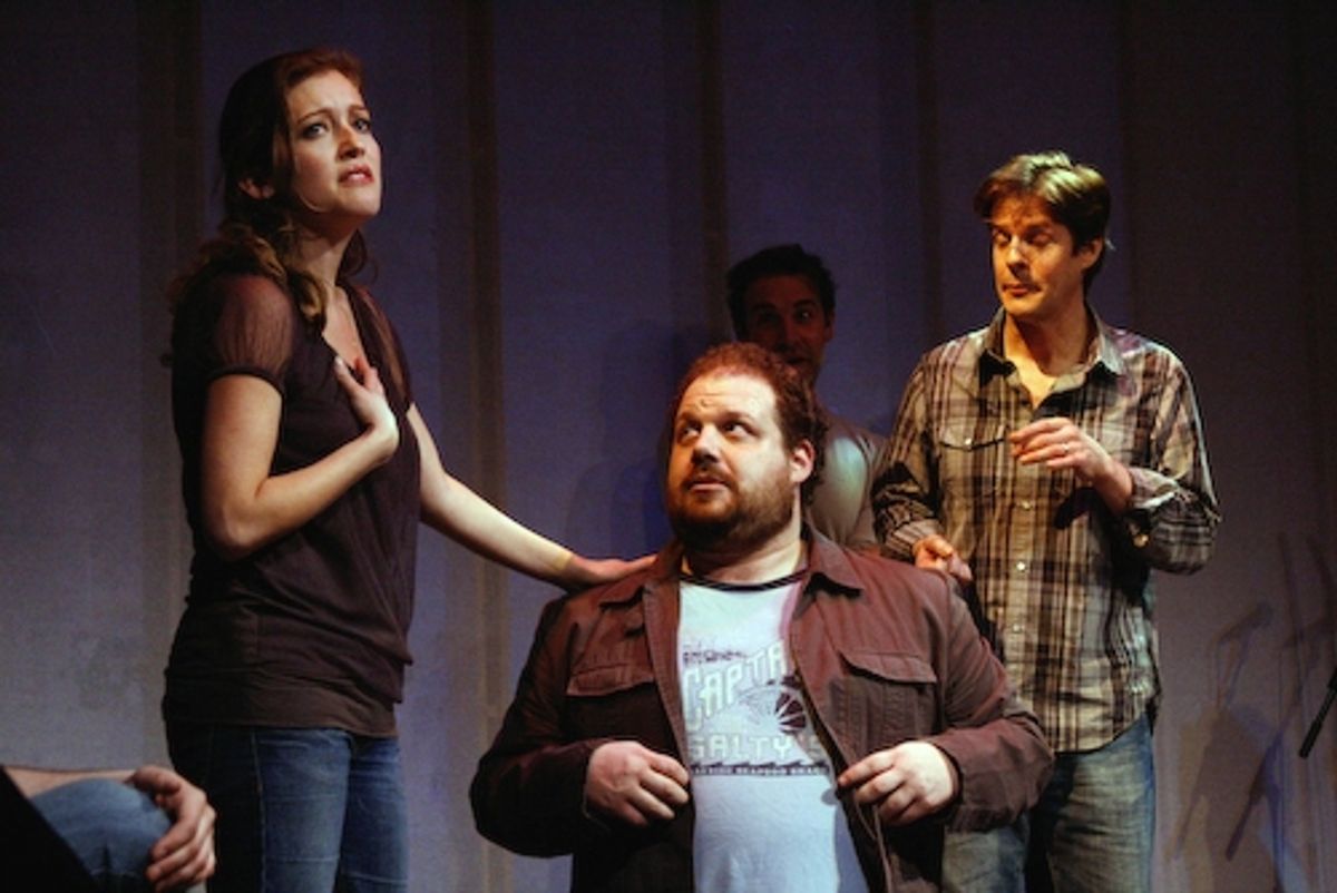 Sandy Rustin, Jordan Gelber and Rick Holmes reenact a scene from the musical, The Jew and The Demon
 at 