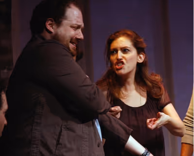 Sandy Rustin (right) gives Jordan Gelber an injection of kosher-heroin
 Photo