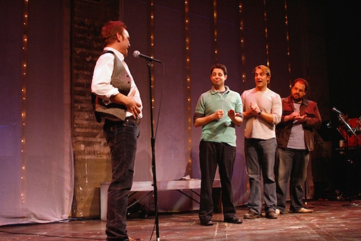 Norbert Leo Butz (left) faces a panel of press-reporters, Steve Rosen, Charlie Pollock and at 