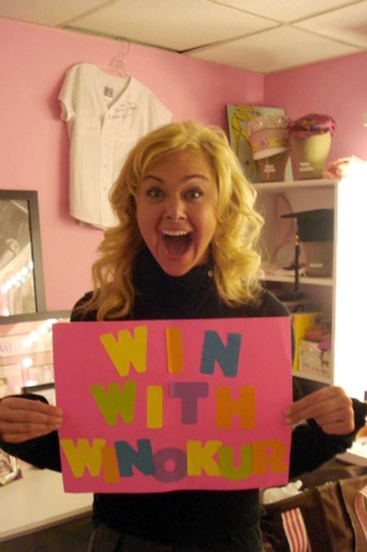 Laura Bell Bundy holding a sign that
a fan (Lisa) brought to Legally Blonde 
 at 