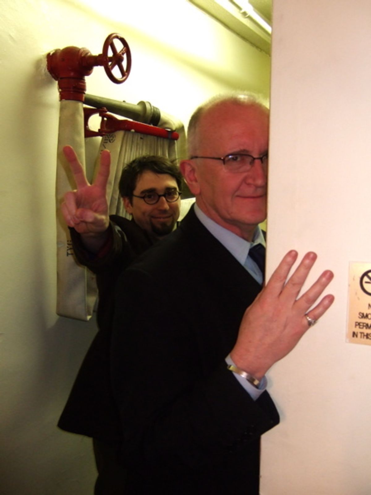 Adam Hunter and John Doyle lurk in my doorway before the final preview. at 