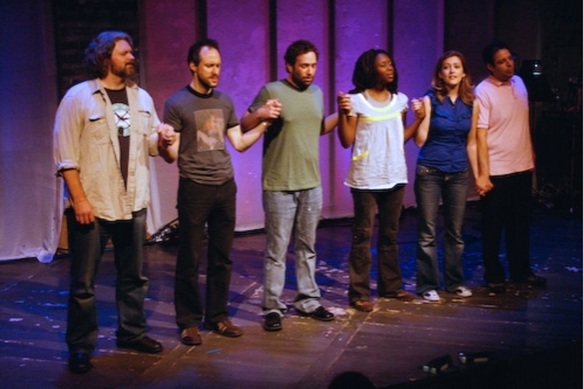 John Ellison Conlee, Gibson Frazier,David Rossmer,  Vasthy Mompoint, Sandy Rustin, and Steve Rosen recite a prayer for Puff, The Magic Dragon at 'Don't Quit Your Night Job' Welcomes White