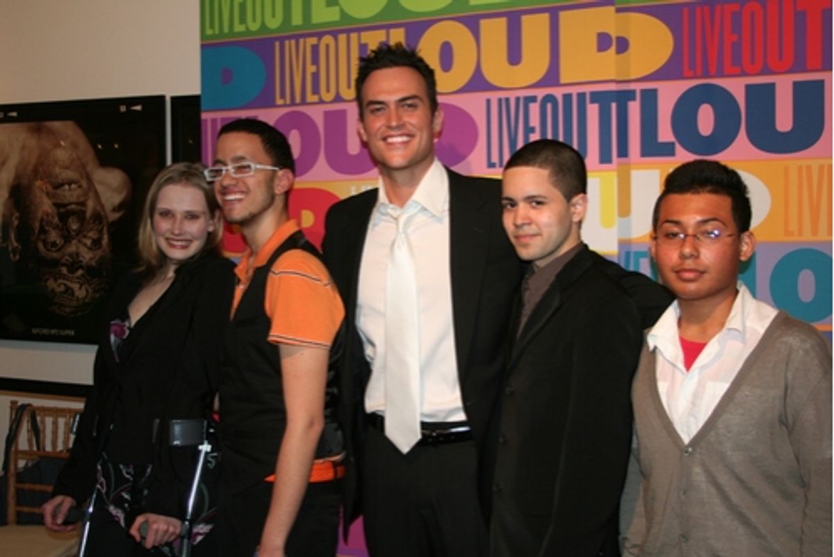 Cheyenne Jackson with the 2008 LIVE OUT LOUD Scholarship Recipients Tiffamy Studer (Bristol Central High School, Bristol CT), Raymond Martinez (The Urban Assembly School for Law and Justice, Brooklyn, NY), Luis Garay (Brooklyn School for Global Studies, B at 