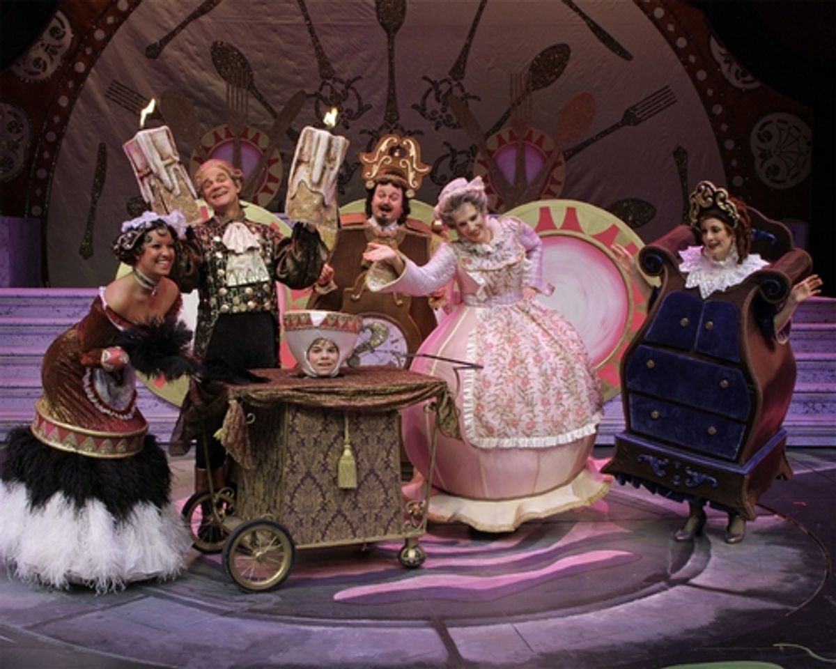 The enchanted objects (Lto R: Talana Deshaies (Babette), Rick Hilsabeck (Lumiere), William Hartery (Cogsworth), Stacia Fernandez (Mrs. Potts), Marguerite Willbanks (Mme de la Grande Bouche) and center: Michael Herwitz (Chip) at 