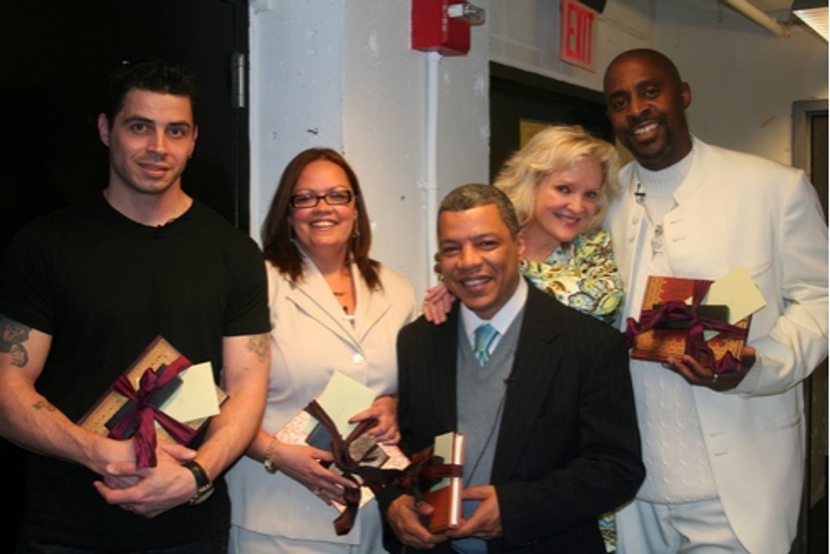 Christine Ebesole brought gifts for the cast while visiting the performers backstage. Casimiro Torres, Vilma Ortiz Donovan, Angel Ramos and Kenneth Harrigan at 