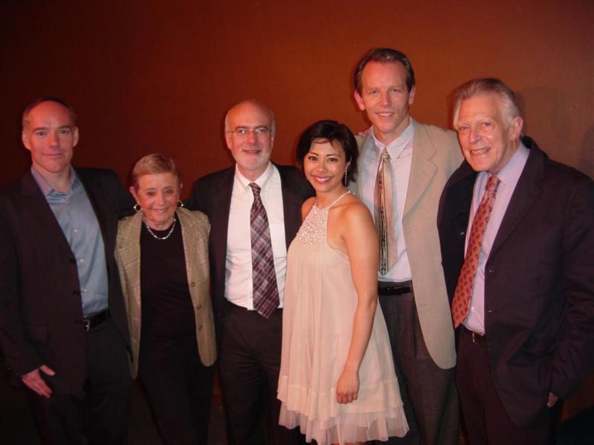 The whole cast poses after the performance: (from left) Michael Winther, Patricia Birch, Lawrence Yurman, Angel Desai, Stephen Bogardus and Michael Montel. at 