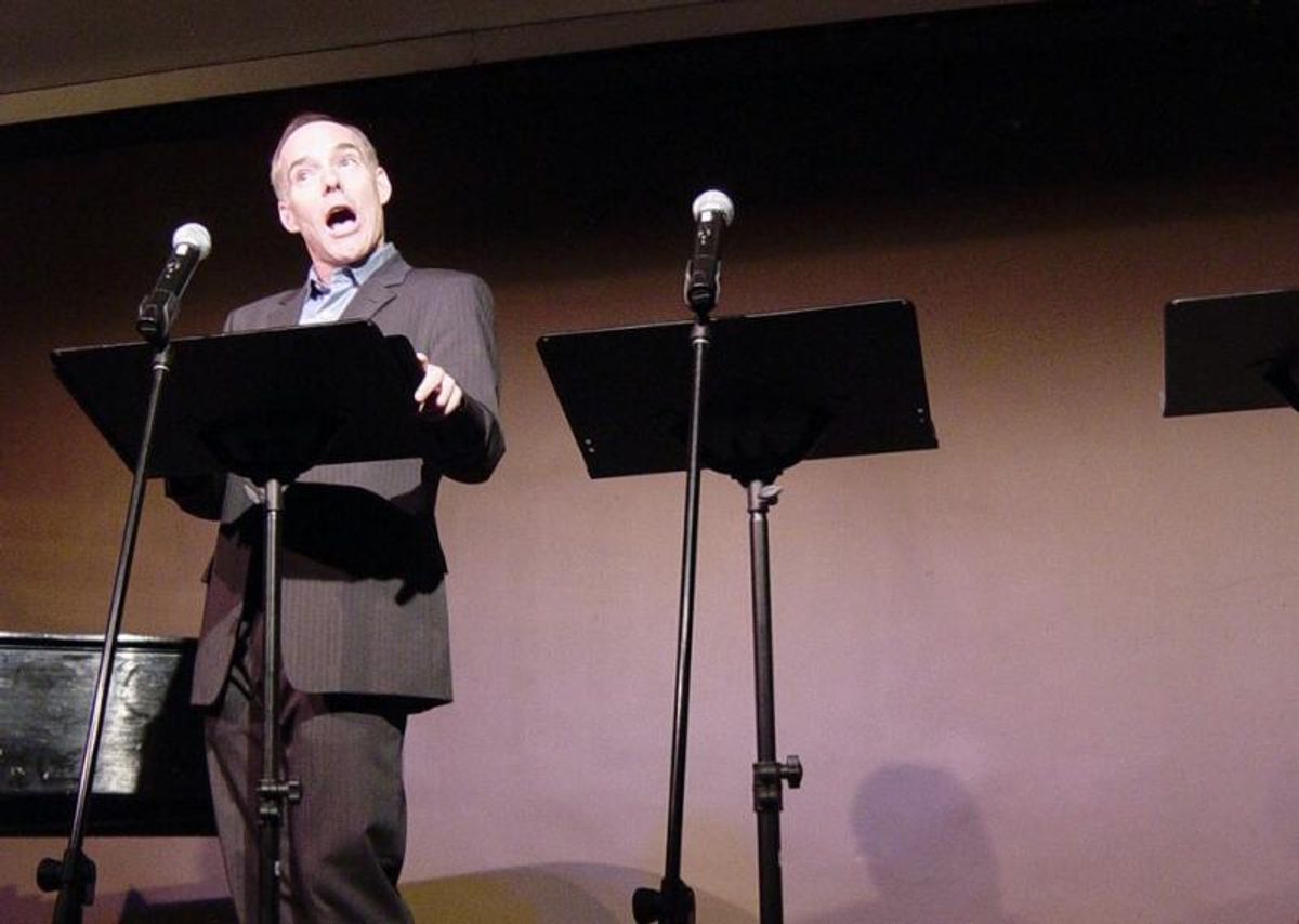 With Brigid Brady out of Sunday's performance because of inflamed vocal cords, Michael Winther sang the duet 'I've Got Five Dollars' solo. He moved to the other mike for the parts that Brady would have sang... at 