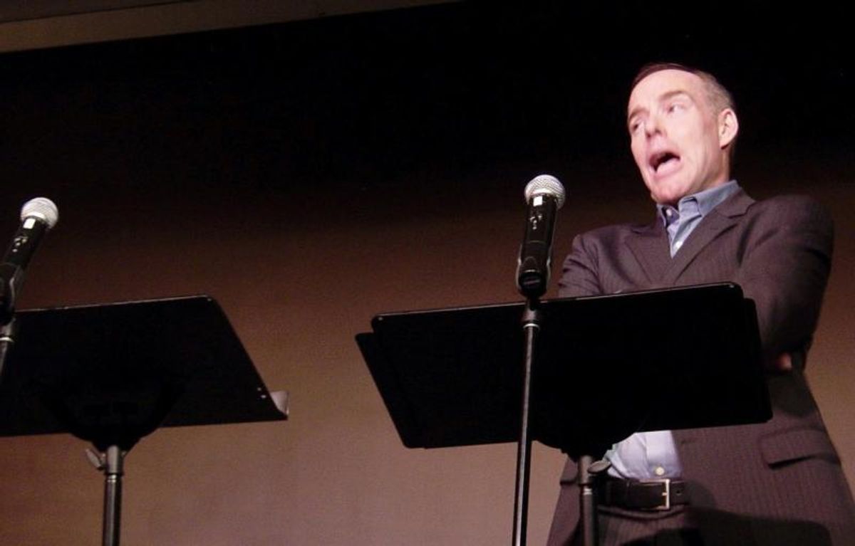 With Brigid Brady out of Sunday's performance because of inflamed vocal cords, Michael Winther sang the duet 'I've Got Five Dollars' solo. He moved to the other mike for the parts that Brady would have sang... at 