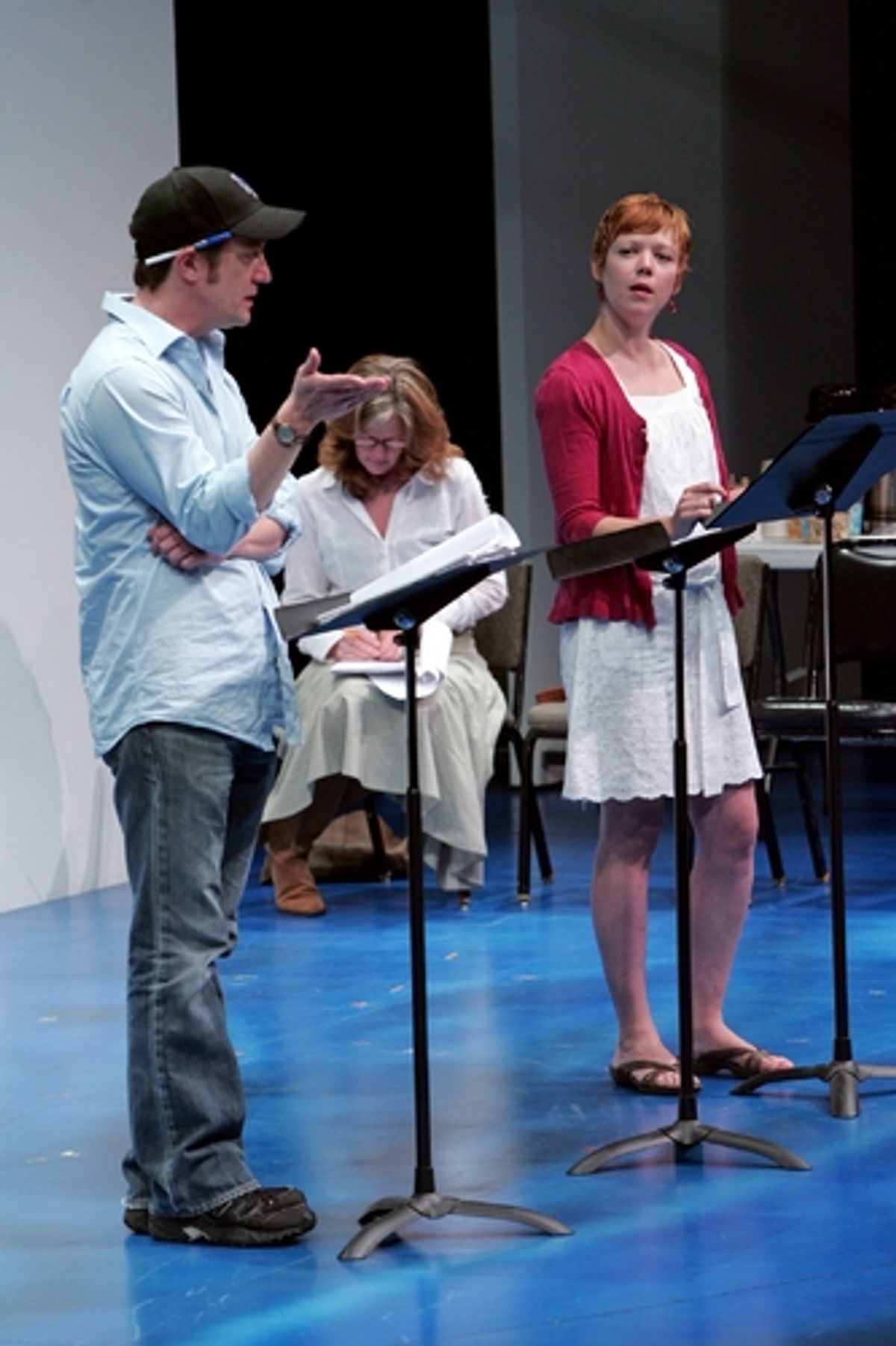  	Daniel Blinkoff, Linda Gehringer and Emily Bergl in rehearsal for the 2008 PPF reading of Lauren Gunderson's Emilie, directed by Kate Whoriskey at 