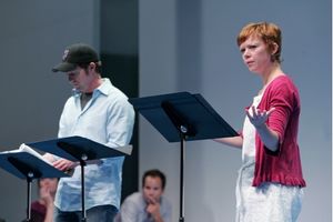 (l. to r.) Katrina Lenk, Daniel Blinkoff, Nathan Baesel and Emily Bergl in rehearsal  Photo