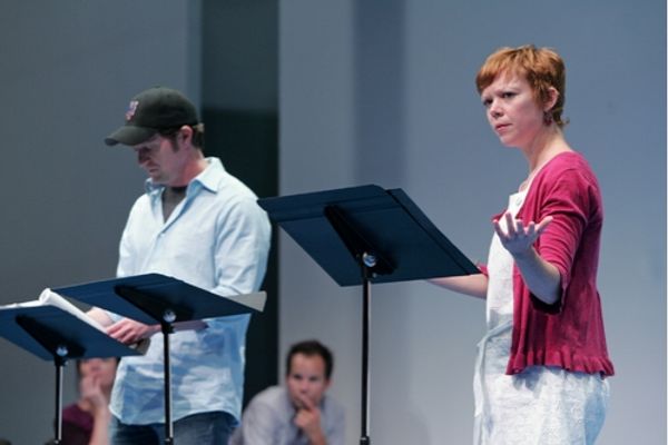 (l. to r.) Katrina Lenk, Daniel Blinkoff, Nathan Baesel and Emily Bergl in rehearsal  Photo