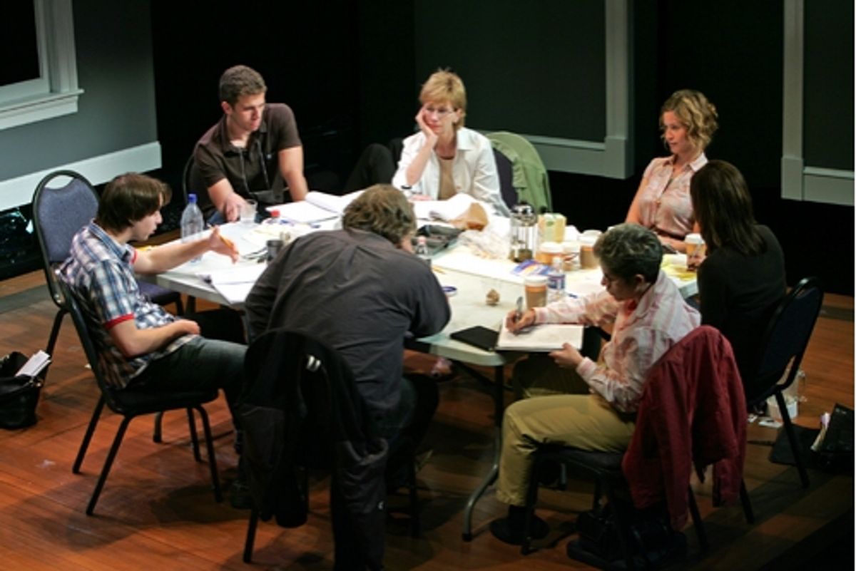 (l. to r.) Bradford Anderson, Alex Lubischer, Graham Beckel, Kathy Baker, Lue Morgan Douthit, Jessi Campbell and Loretta Greco in rehearsal for the 2008 PPF reading of John Kolvenbach's Goldfish at 