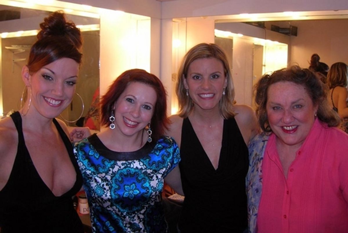 Kristen Wyatt (Grease), Beth Curry (Legally Blonde), Jenn Colella (Beebo Brinker Chronicles) and Judith Moore (Sunday in the Park With George) prepare backstage at 