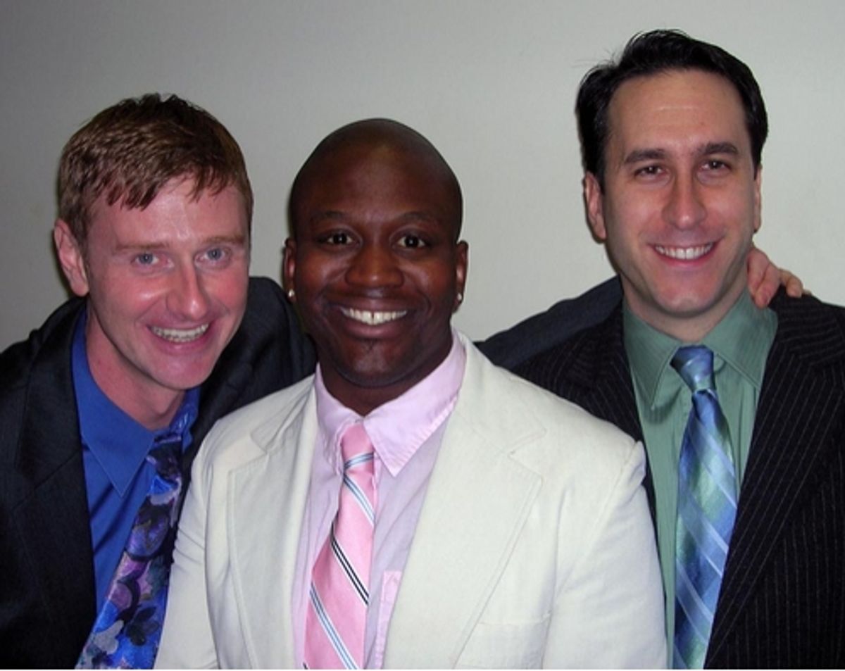 Robert Bartley, Titus Burgess and Danny Whitman relax after the performance at 