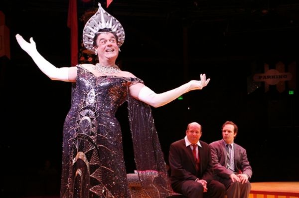 Stuart Marland (Roger DeBris), Scott Davidson (Max Bialystock), and Jim Stanek (Leo B Photo