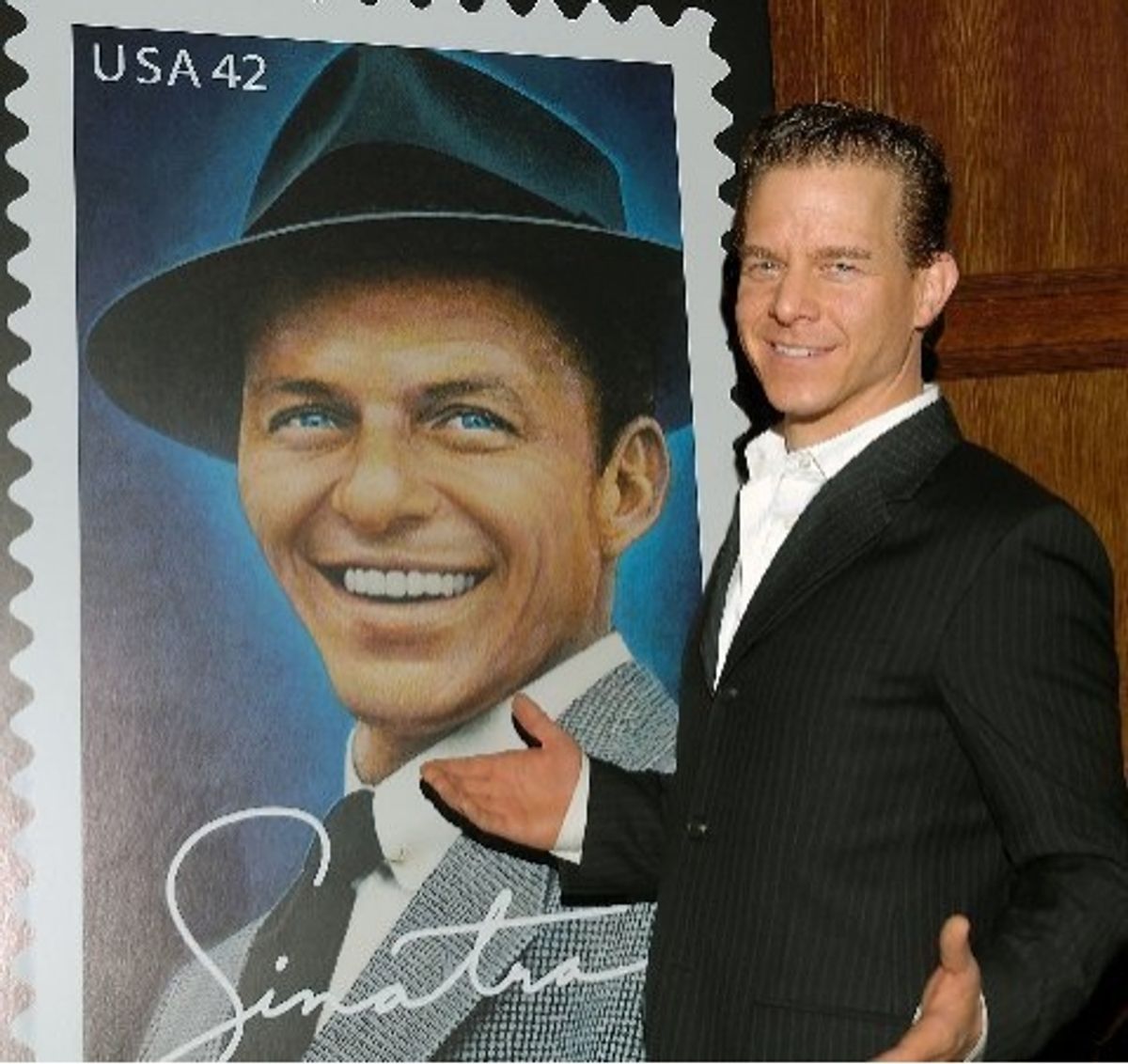 Christian Hoff with the new Frank Sinatra Postage Stamp at Christian Hoff Honors Frank Sinatra