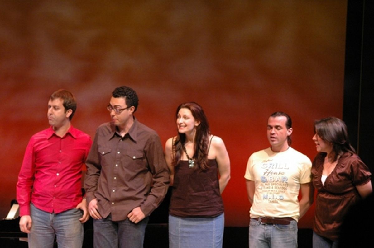 Bob Ross Juice Box members Russell M. Kaplan, Graham Stevens, Sara Wordsworth, James Allen-Ford, Kristen Anderson-Lopez at 