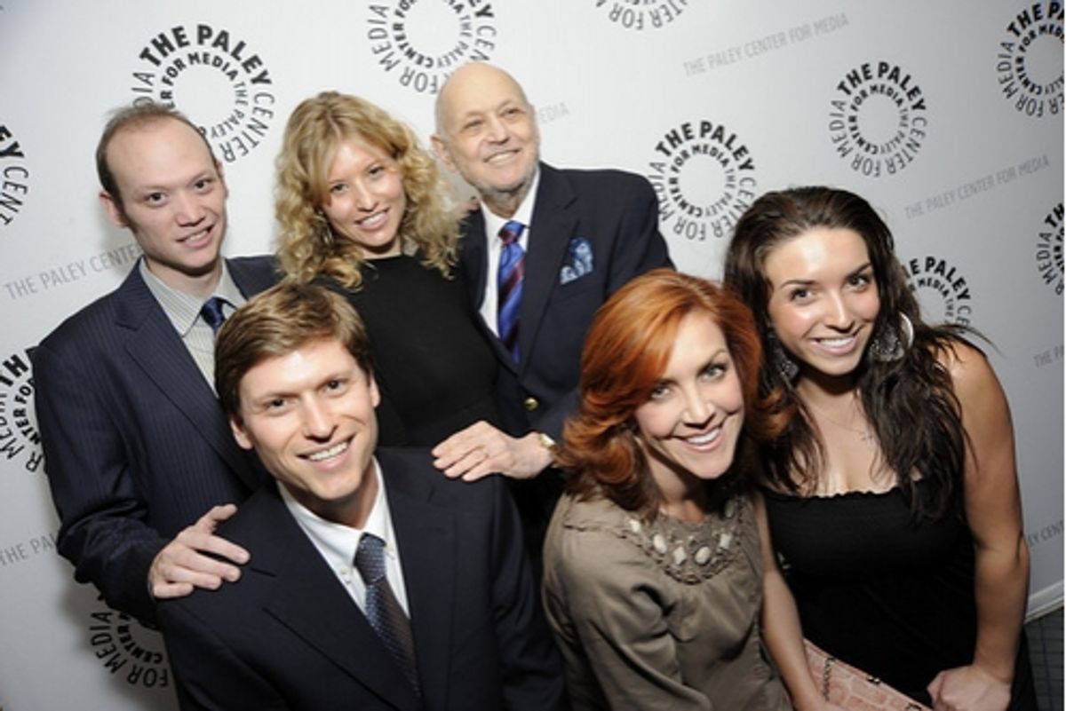 CHARLES STROUSE with his children Will (left), Victoria and Nick.  ANDREA McARDLE and daughter ALEXIS KALEHOFF at 
