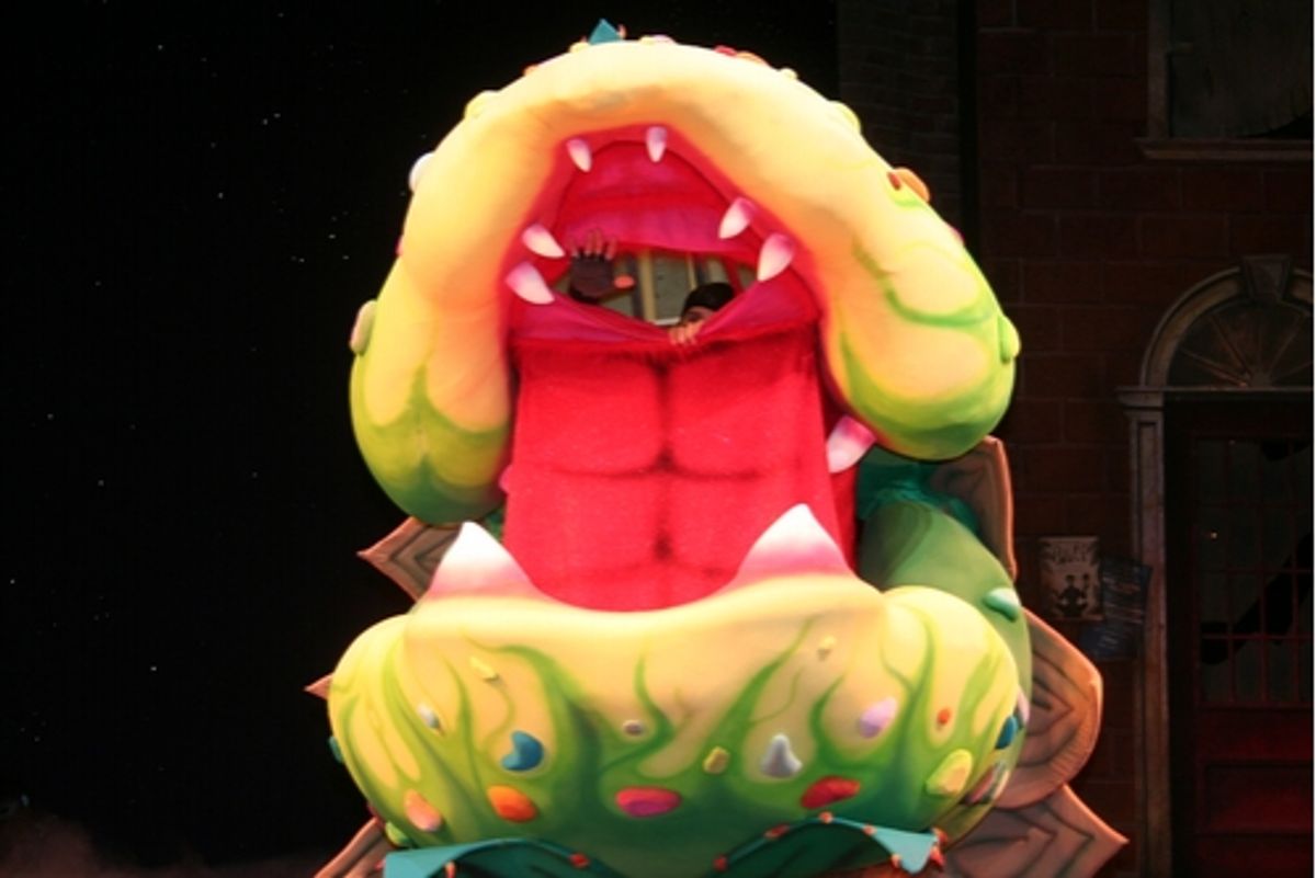 Michael Lantini waving (Audrey II Manipulation) at Paper Mill's 'Little Shop of Horrors' Opening Night