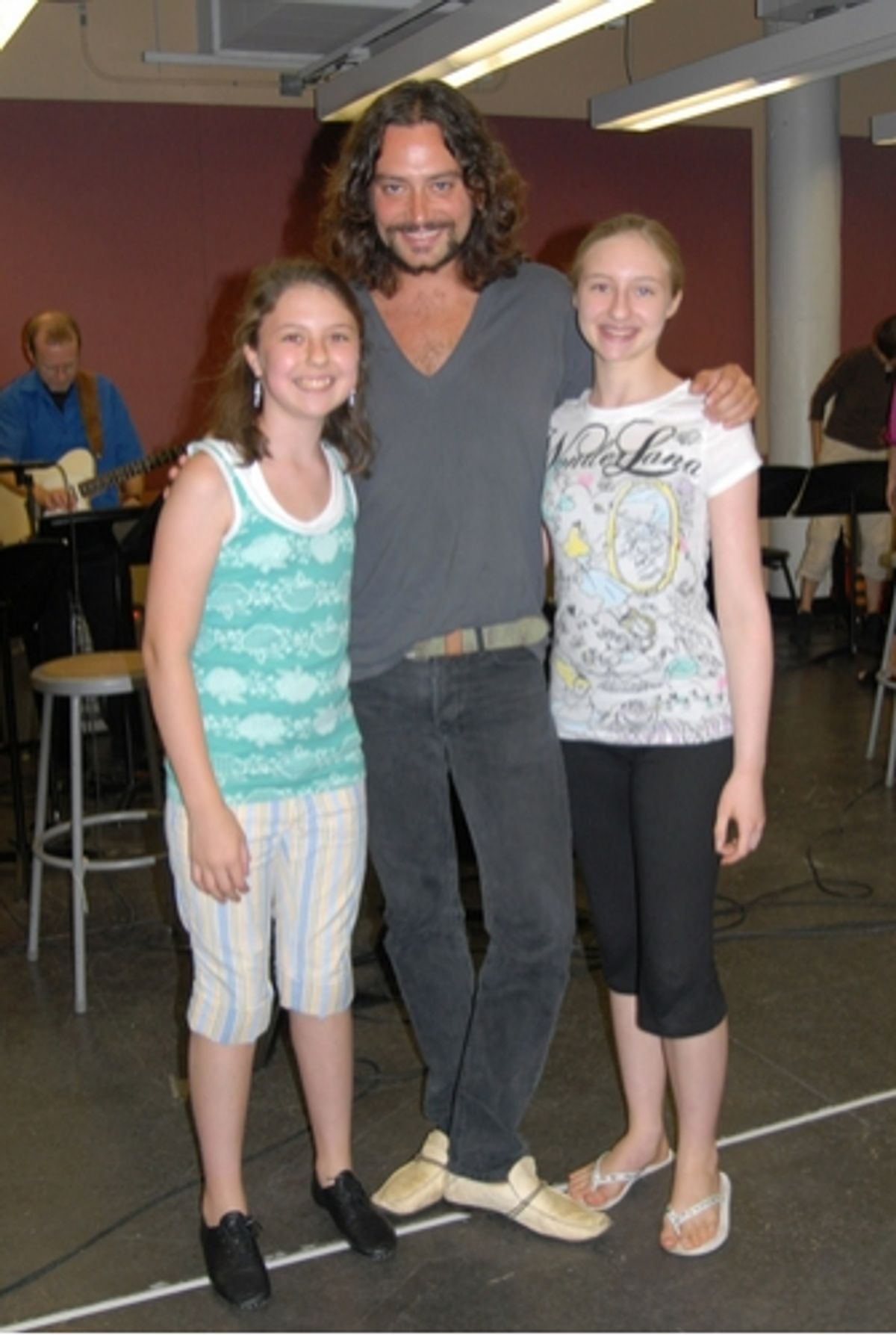Constantine Maroulis and Erynn and Meaghan McLeod at Radio Broadway Rehearsal