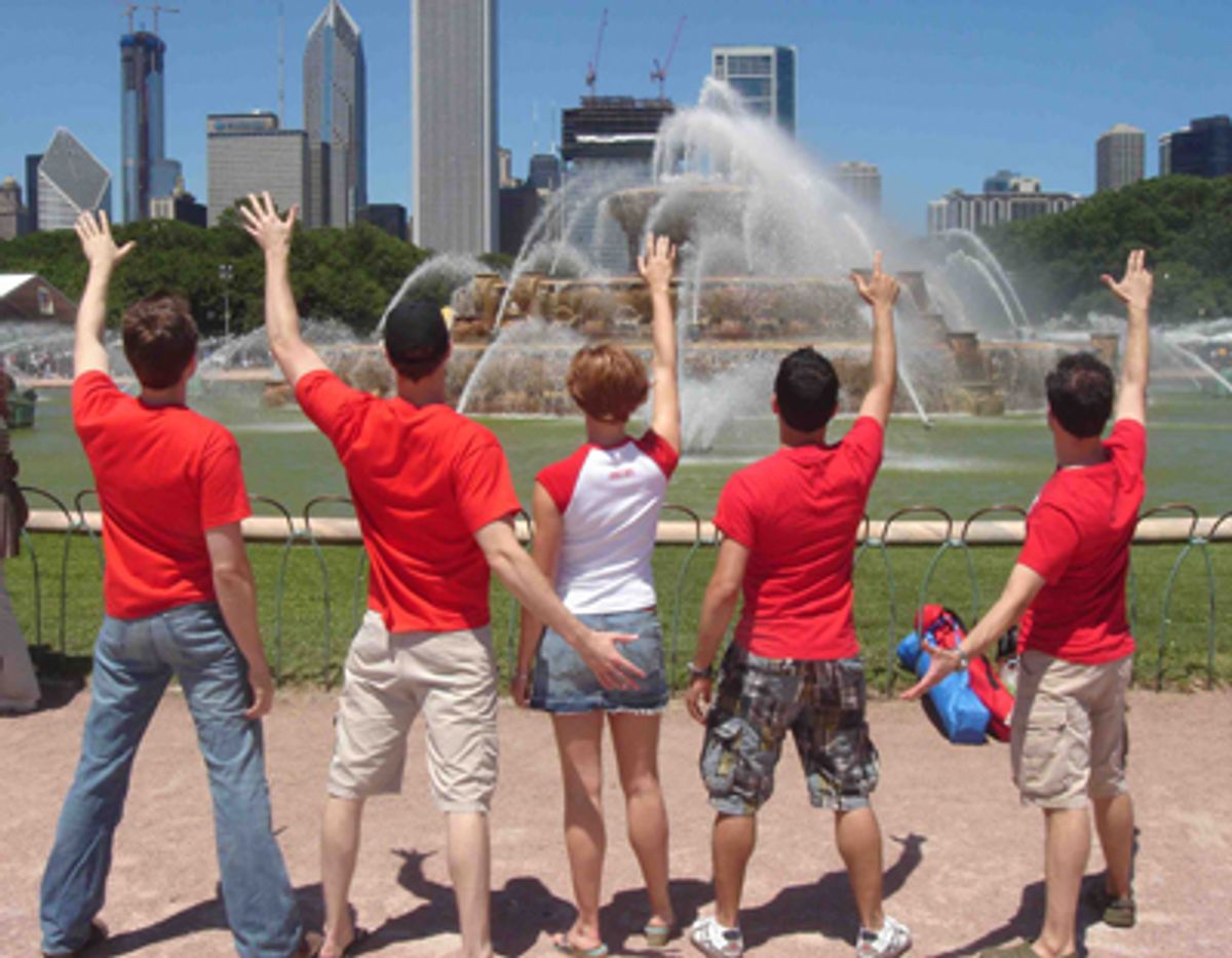 John Hickman, Jake Speck, Tonya Wathen, John Michael Dias and John Michael Coppola in â€˜frontâ€™ of the Buckingham Fountain landmark. at 
