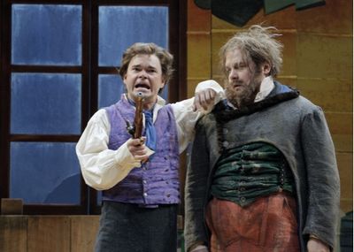 Hunter Foster (Ivan Alexandreyevich Hlestakov) and Luverne Seifert (Osip)  Photo