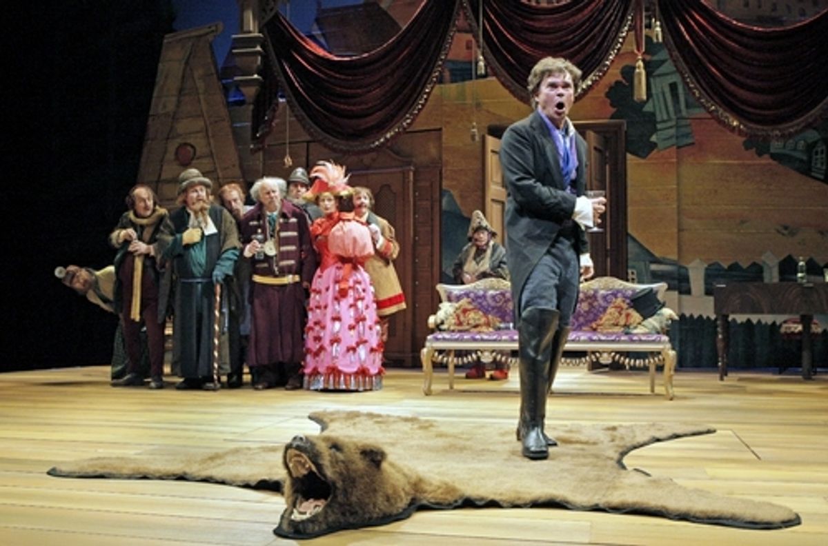 Hunter Foster (Ivan Alexandreyevich Hlestakov) and cast members at 'The Government Inspector' at the Guthrie