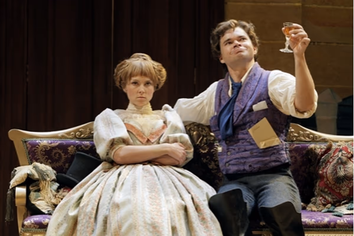 Maggie Chestovich (Marya Antonovna) and Hunter Foster (Ivan Alexandreyevich Hlestakov) at 'The Government Inspector' at the Guthrie