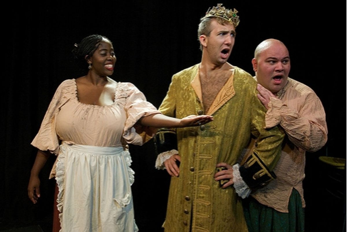 Paula Galloway as Lynetta, Luke Strandquist as Grumbelino (in disguise as Prince Trevor), and Carlos Rafael Fernandez as Prince Trevor (in disguise as Grumbelino)  at 