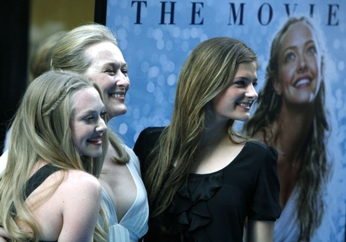 Amanda Seyfried and Meryl Streep with her daughter at Mamma Mia! New York City Premiere