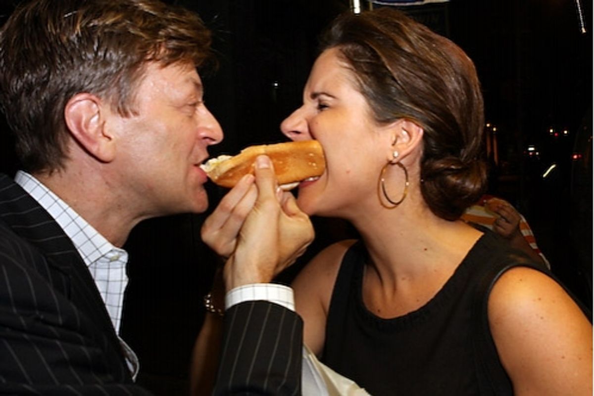 Jim Caruso & Stephanie J. Block Sharing a Mary Stout Hot Dog at 