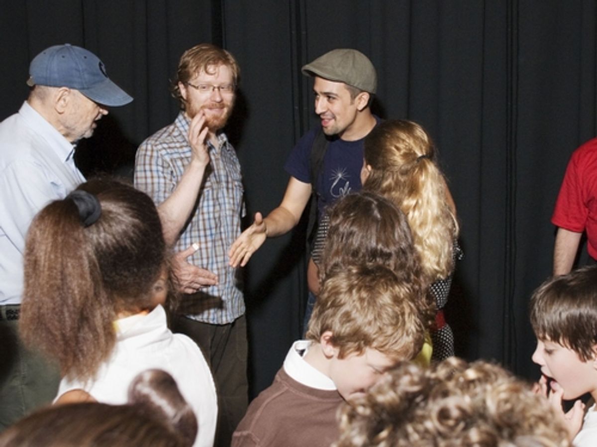 Charles Strouse, Anthony Rapp, Lin-Manuel Miranda and the kids of Camp Broadway at 