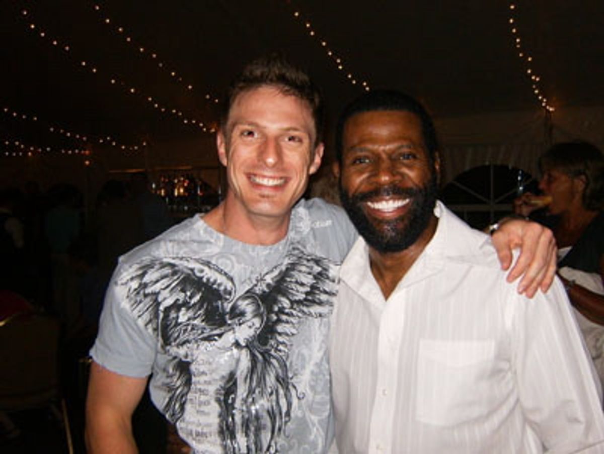 Jason Shuffler (â€"Ethanâ€) and Milton Craig Nealy (â€"Noahâ€/ â€"Horseâ€) at the opening night reception for Marriott Theatreâ€™s production of Full Monty.  

 at 