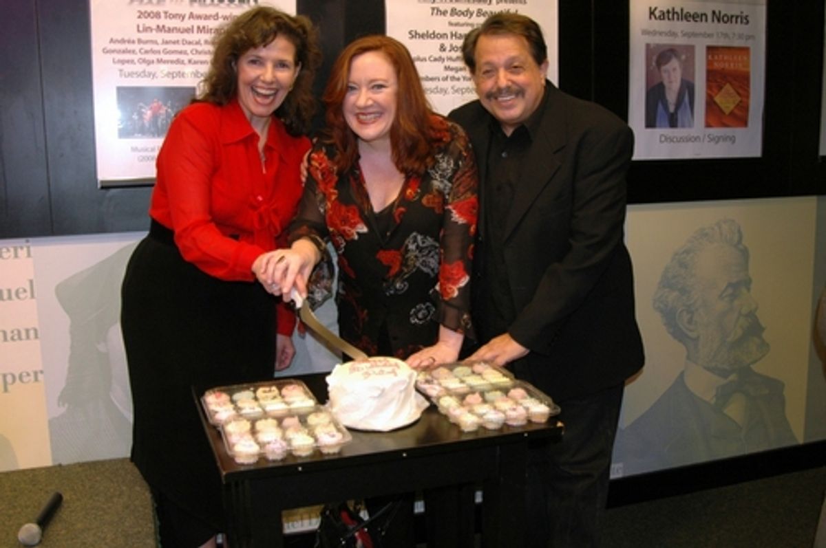 Kayce Glasse, Lisa Asher and Ellis Nassour cutting the cake at Nassour, Asher and Glasse Celebrate 'Honky Tonk Angel' at Barnes & Noble