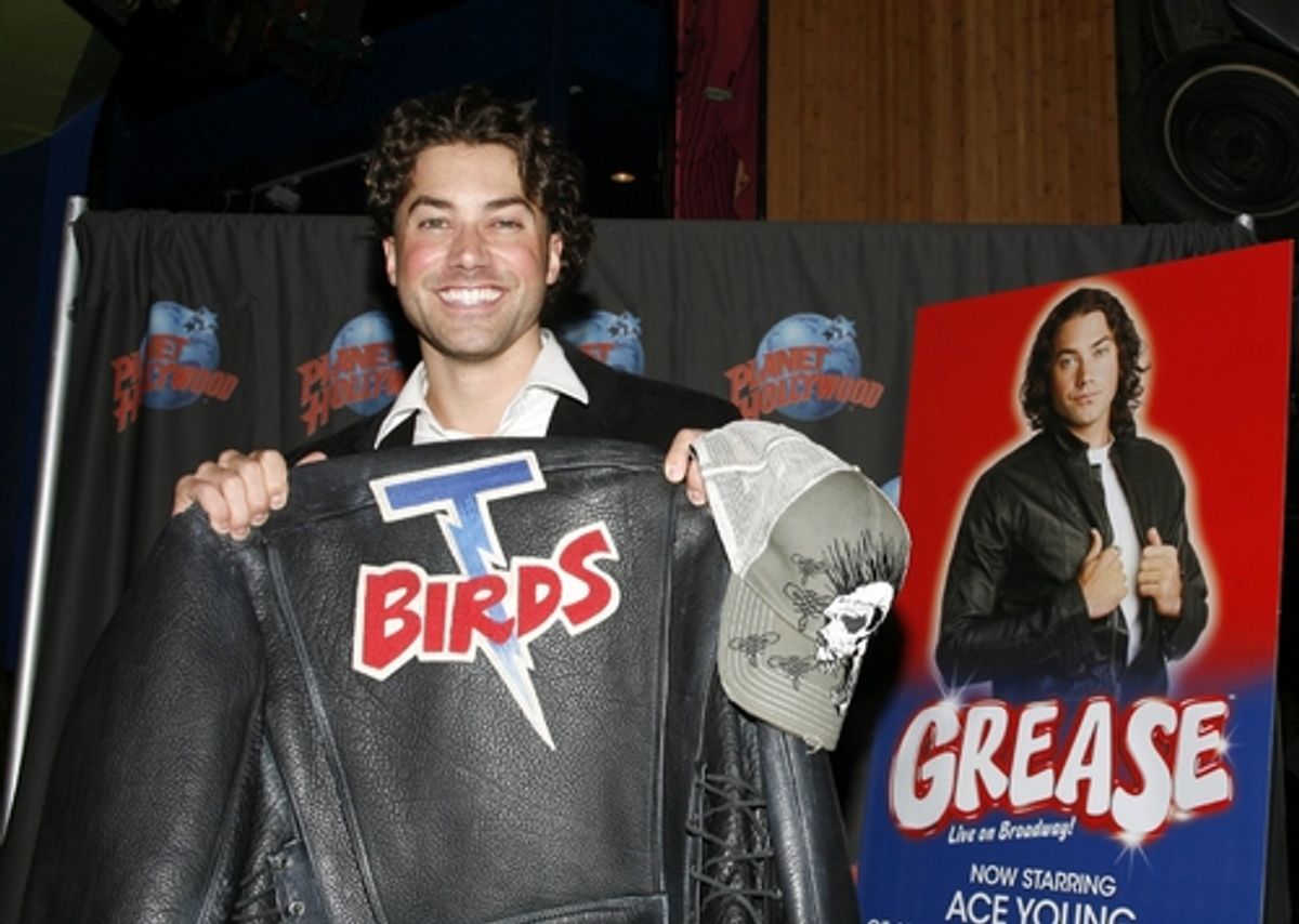 Ace Young displays his T-Birds jacket at 