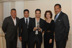 Felix Sanchez, actor Esai Morales, Lin-Manuel Miranda, Merel Julia, and Jimmy Smits. @ BroadwayWorld Felix Sanchez, actor Esai Morales, Lin-Manuel Miranda, Merel Julia, and Jimmy Smits. Photo