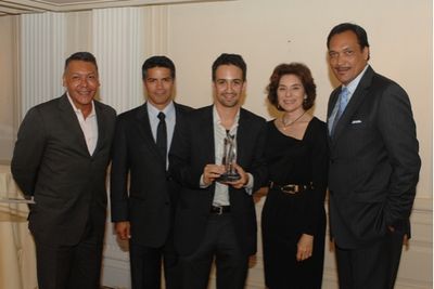 Felix Sanchez, actor Esai Morales,  Lin-Manuel Miranda, Merel Julia, and Jimmy Smits. Photo