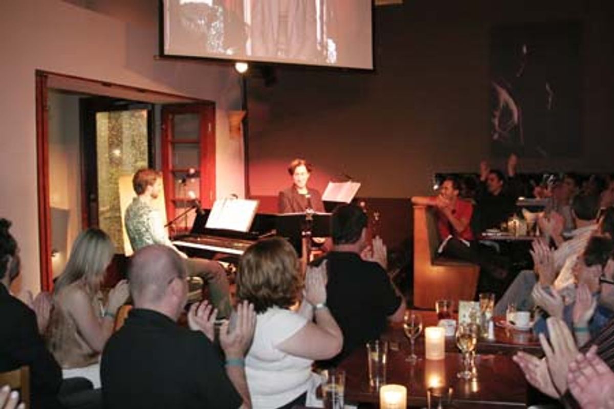 Lance Horne and Alan Cumming in front of the Upright Cabaret audience at 