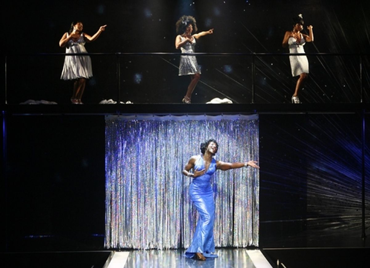 Clifton Oliver (center) as Nina and (above, l-r) Angela Grovey, Rebecca Naomi Jones and McKenzie Frye as The Fates 3 at 