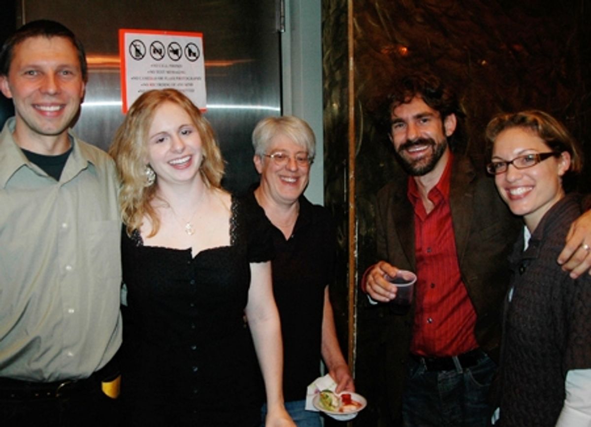 Props Master Jessica Meirs, Technician Sue Barr and Lighting Designer Josh Bradford celebrate with opening night guests

 at 